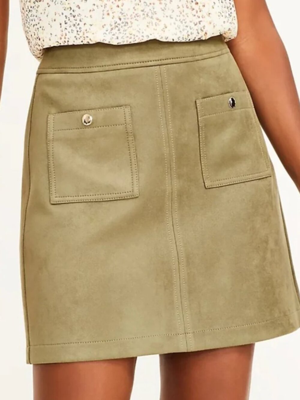 LOFT Olive Green Faux Suede Mini Skirt with Front Patch Pockets, size 6